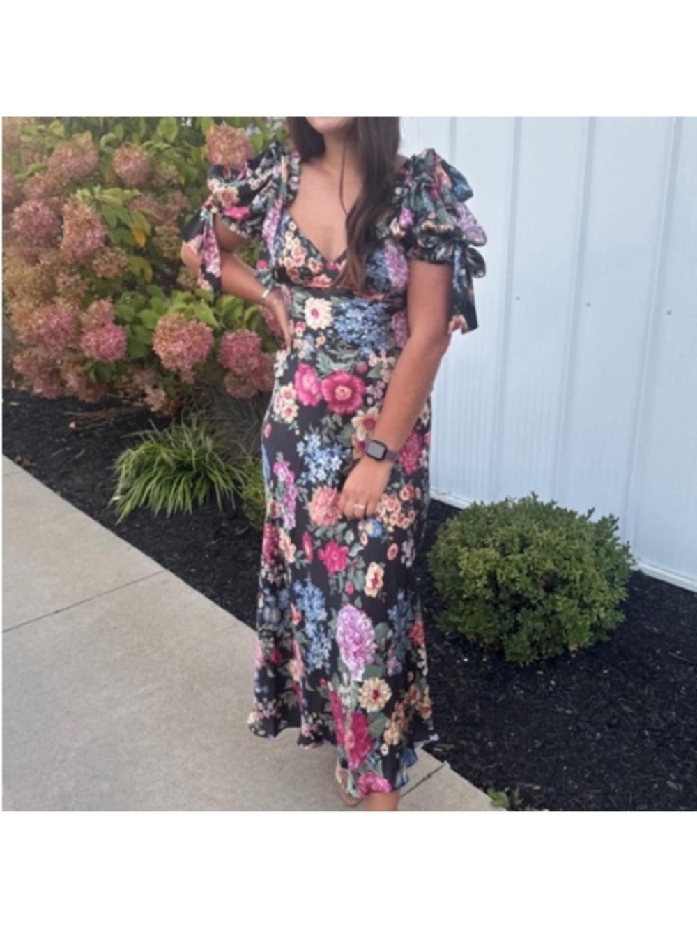 Selkie Puck Poet Black Floral Bow Puff Sleeve 100% Silk Boho Maxi Dress Gown S